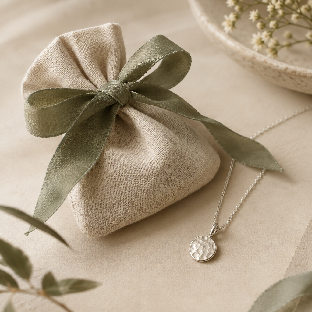 Soft fabric jewelry pouch tied with a sage ribbon beside a small silver pendant