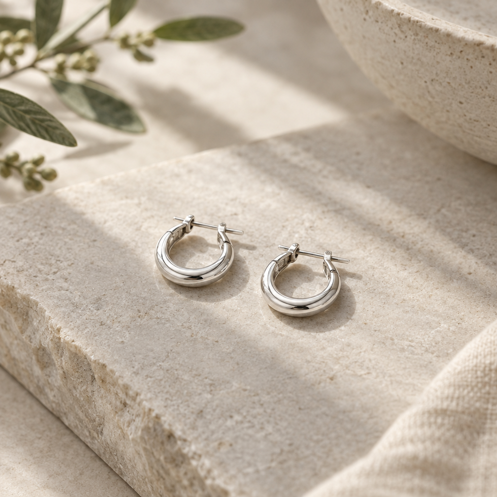 Pair of small handcrafted silver earrings resting on a soft neutral stone surface