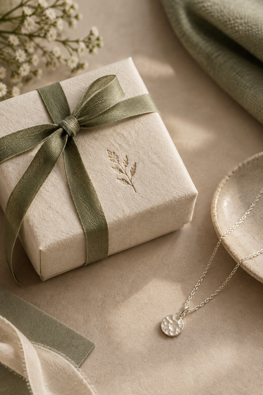 Hand-stamped warm neutral jewelry box wrapped with soft paper and a delicate silver necklace