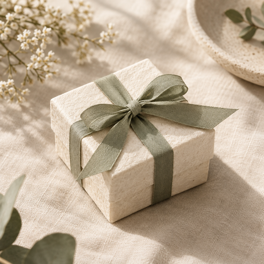 Small jewelry gift box wrapped in textured cream paper and tied with a sage ribbon
