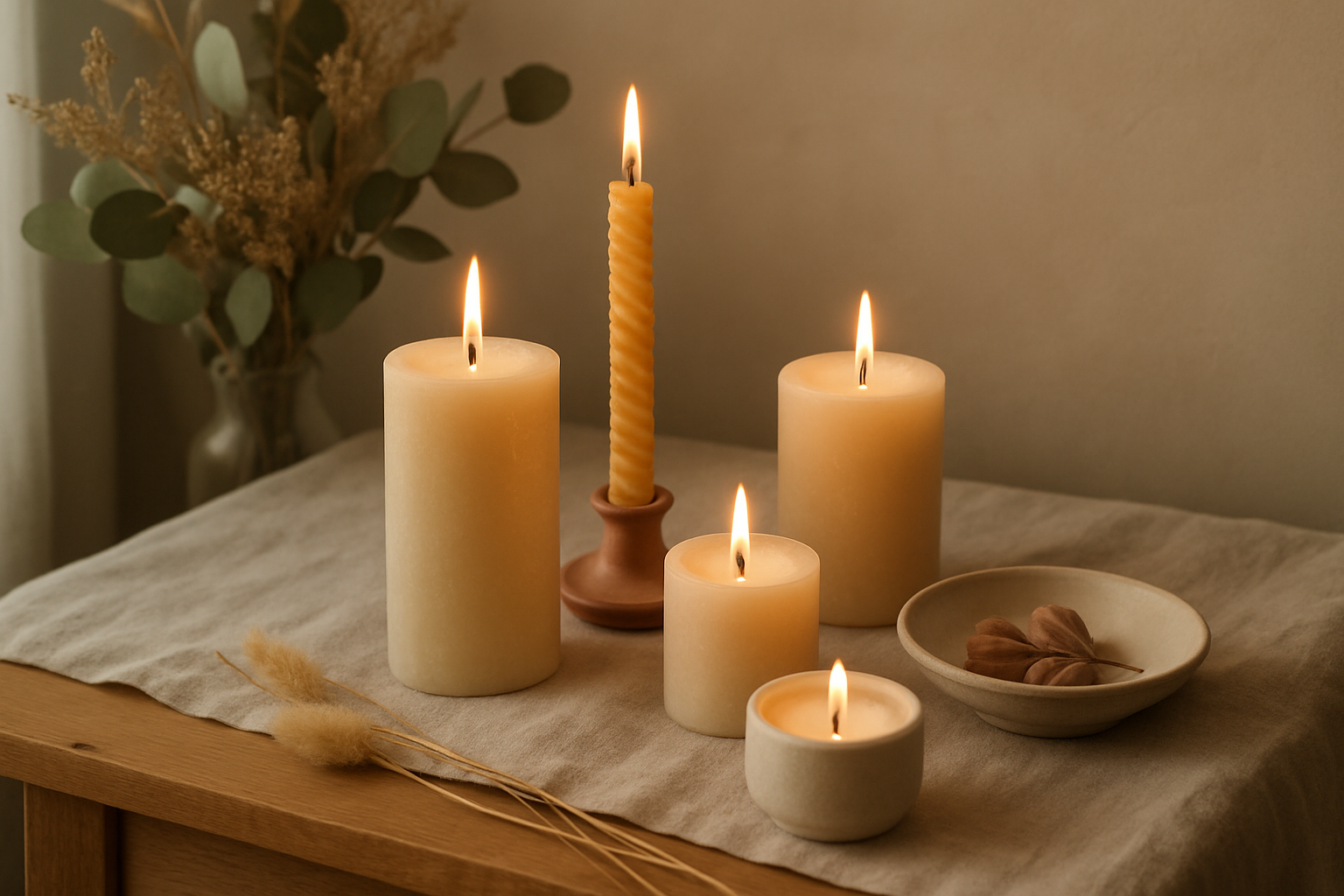 Handmade candles glowing on a linen-draped table with natural textures