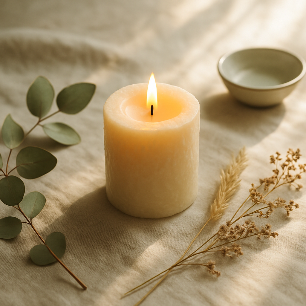 Handmade candle on a linen cloth with dried botanicals and soft morning light