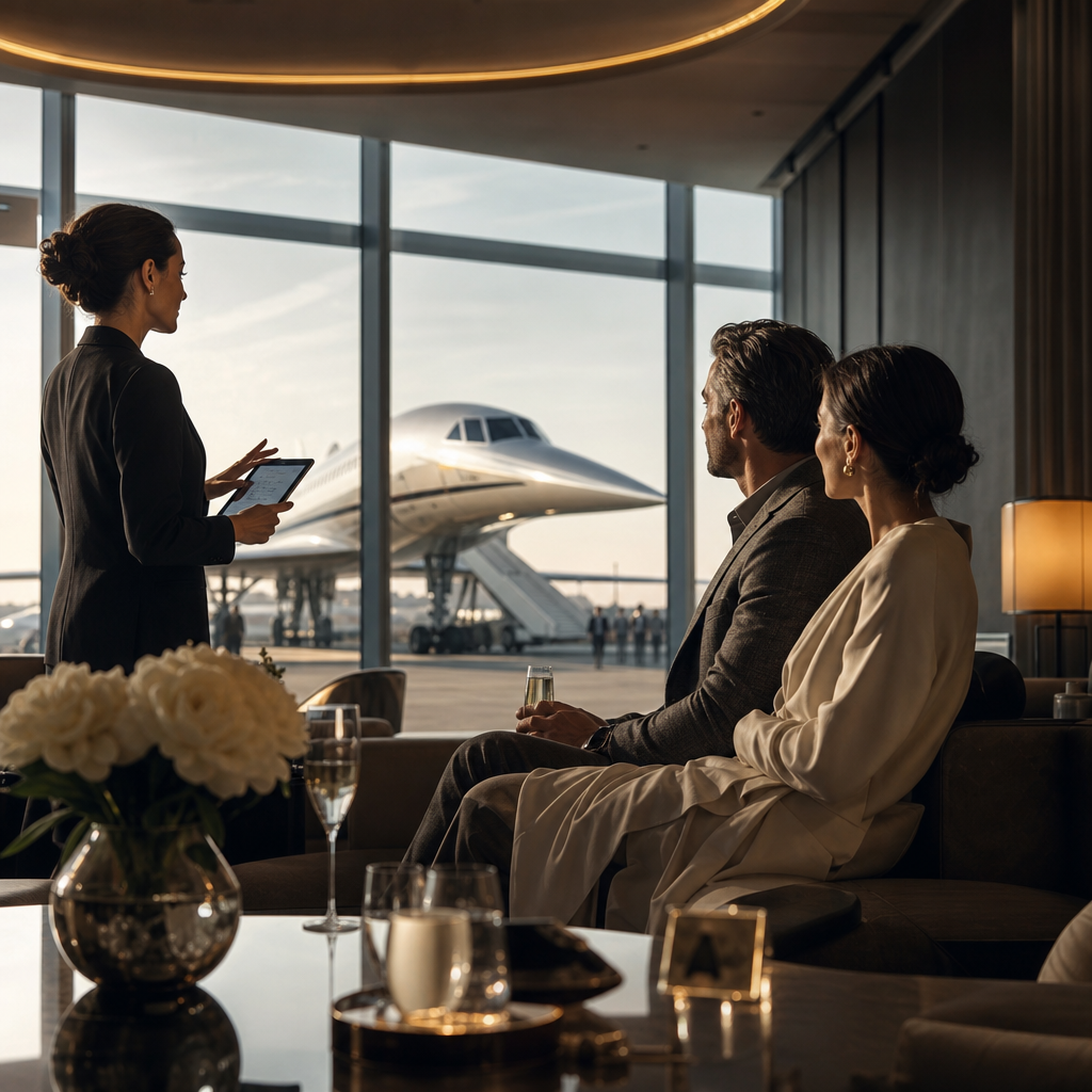 Sophisticated future-travel briefing lounge with panoramic Earth-view observation windows, refined seating, and curated mission documents in warm cinematic lighting