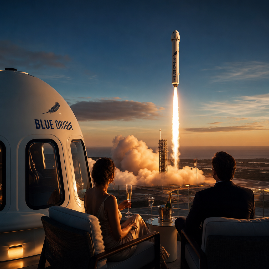 VIP launch viewing terrace at dusk with dramatic ignition glow and tailored hospitality setting