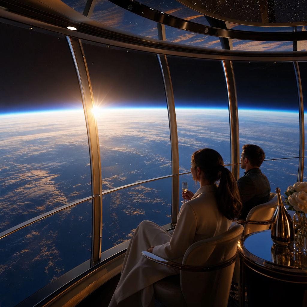 Cinematic near-space luxury view through a panoramic observation window, showing Earth’s curvature at twilight with elegant cabin reflections, soft atmospheric glow, and refined high-contrast lighting