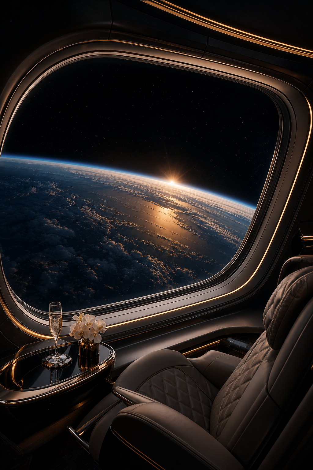 Panoramic Earth horizon seen through a premium orbital cabin window with soft dawn light