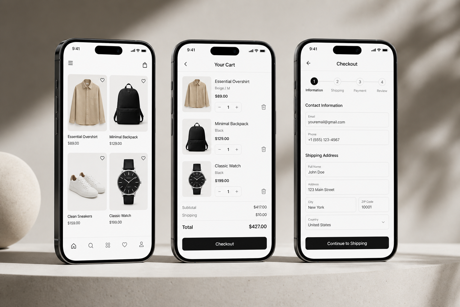 Məhsul siyahısı, səbət addımı və rahat checkout axını olan minimalist mobil ecommerce tətbiqi preview görüntüsü