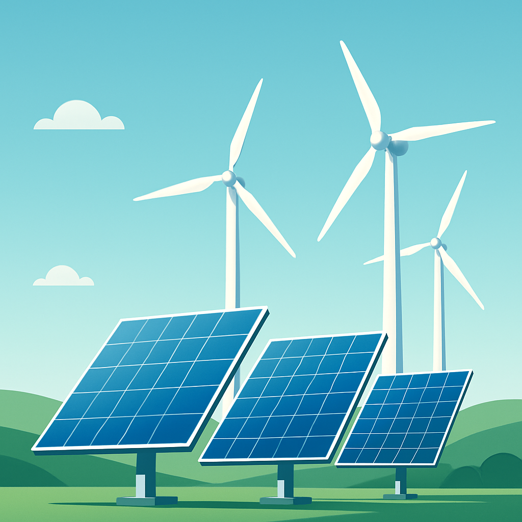 Green technology concept: solar panels and wind turbines under a clear sky