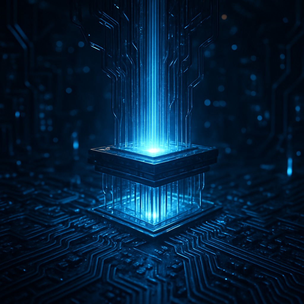 Quantum computer core emitting blue light