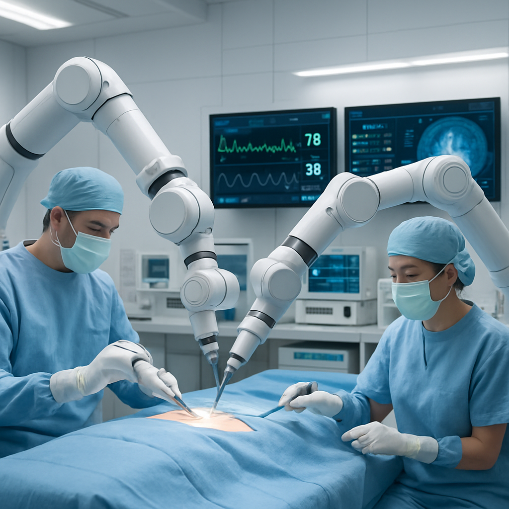 Robotic arms assisting in a high-tech healthcare environment