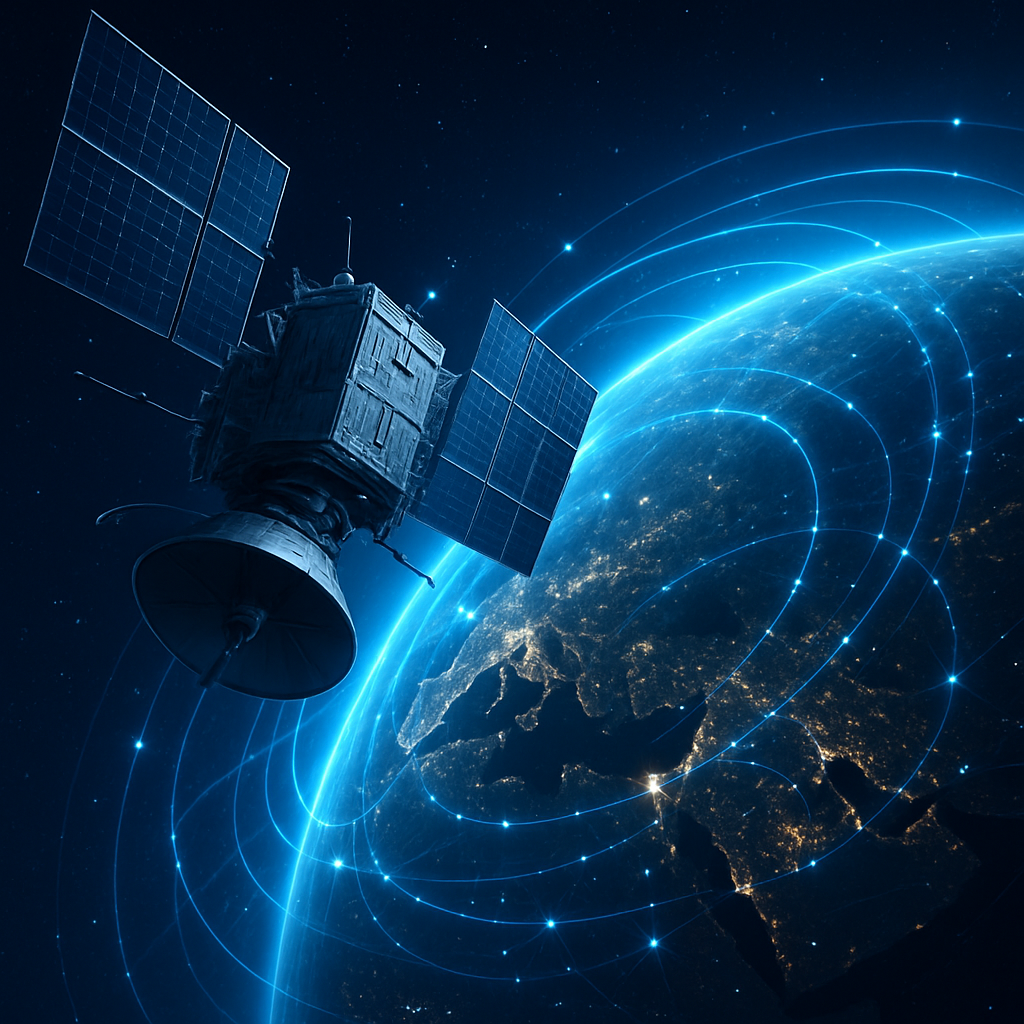 Satellite orbiting Earth with digital signals