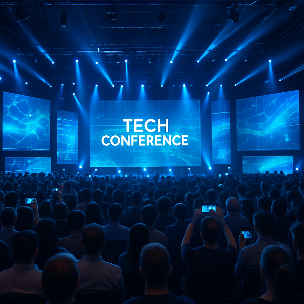 Crowd at a technology conference with digital screens and lights
