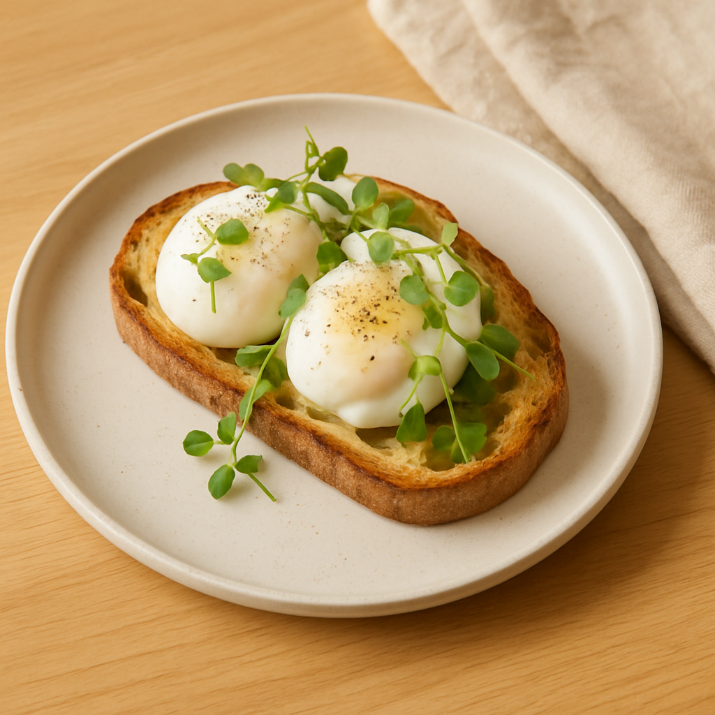 Sourdough toast with soft eggs and herbs on a speckled ceramic plate