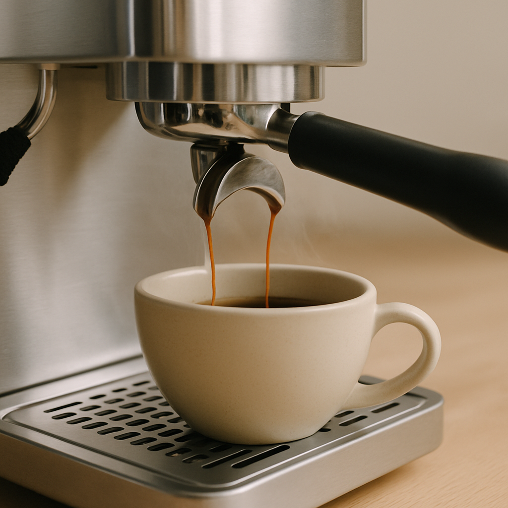 Espresso pouring from a brushed stainless steel machine into a cream ceramic cup