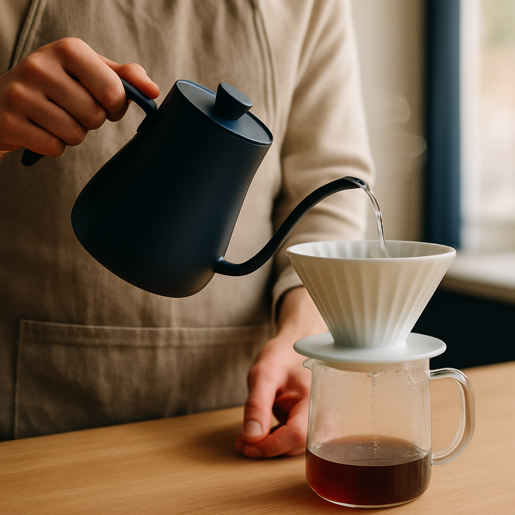 A barista pouring water over a white ceramic coffee dripper