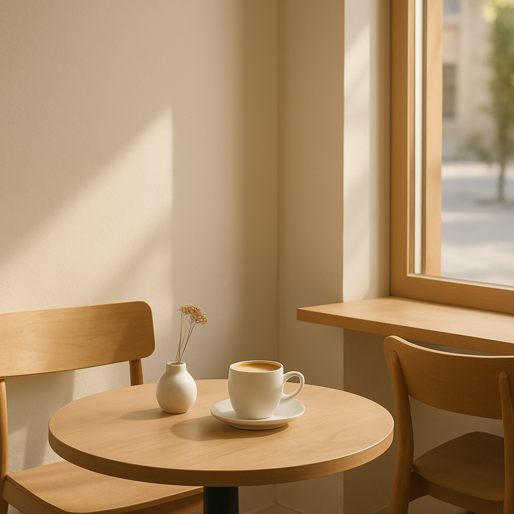 Sunlight falling across pale oak tables beside the cafe window