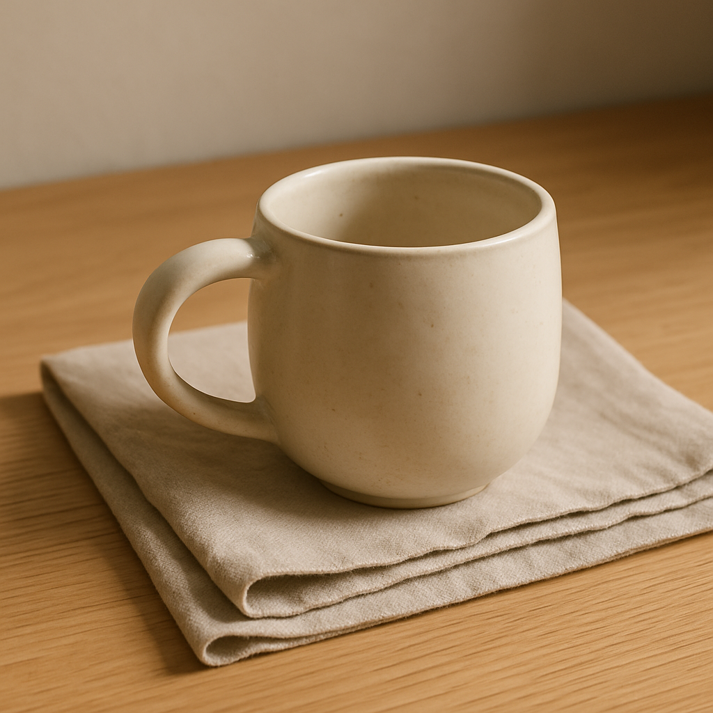 Pale oak grain, folded natural linen, and a handmade ceramic mug