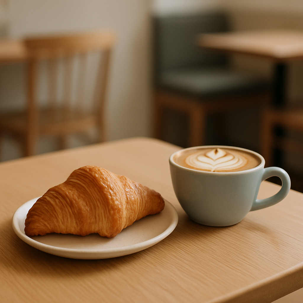 A flaky croissant and cappuccino on a small table in soft morning light