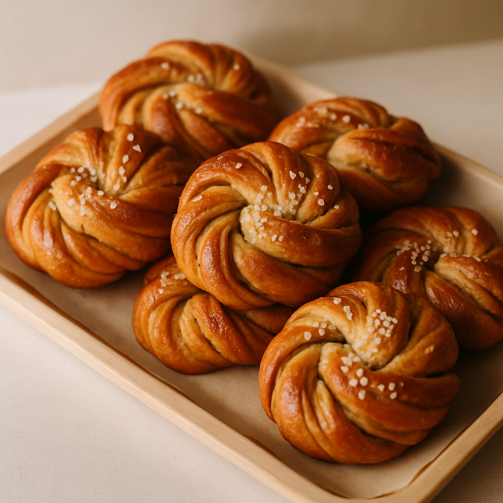 Golden cardamom buns arranged on a parchment-lined wooden tray