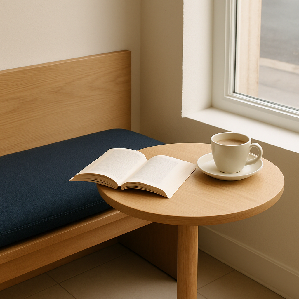 A quiet window seat with a navy cushion, an open book, and a coffee