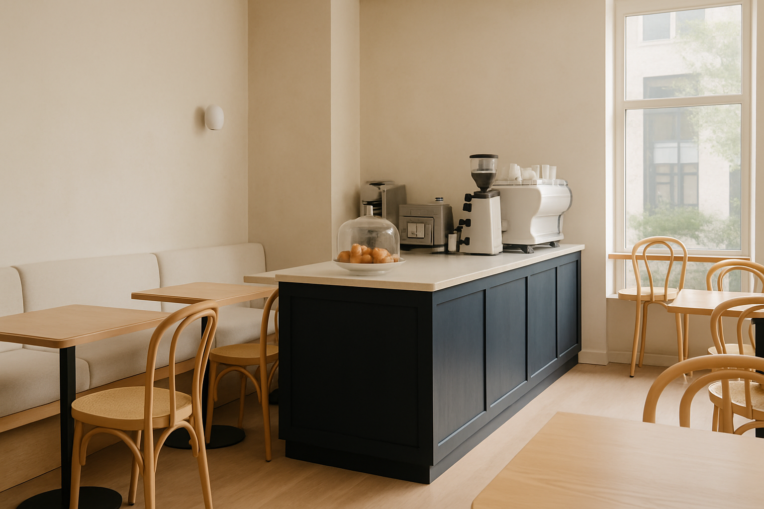 Sunlit neighborhood cafe with pale oak furniture, linen seating, and a welcoming coffee counter