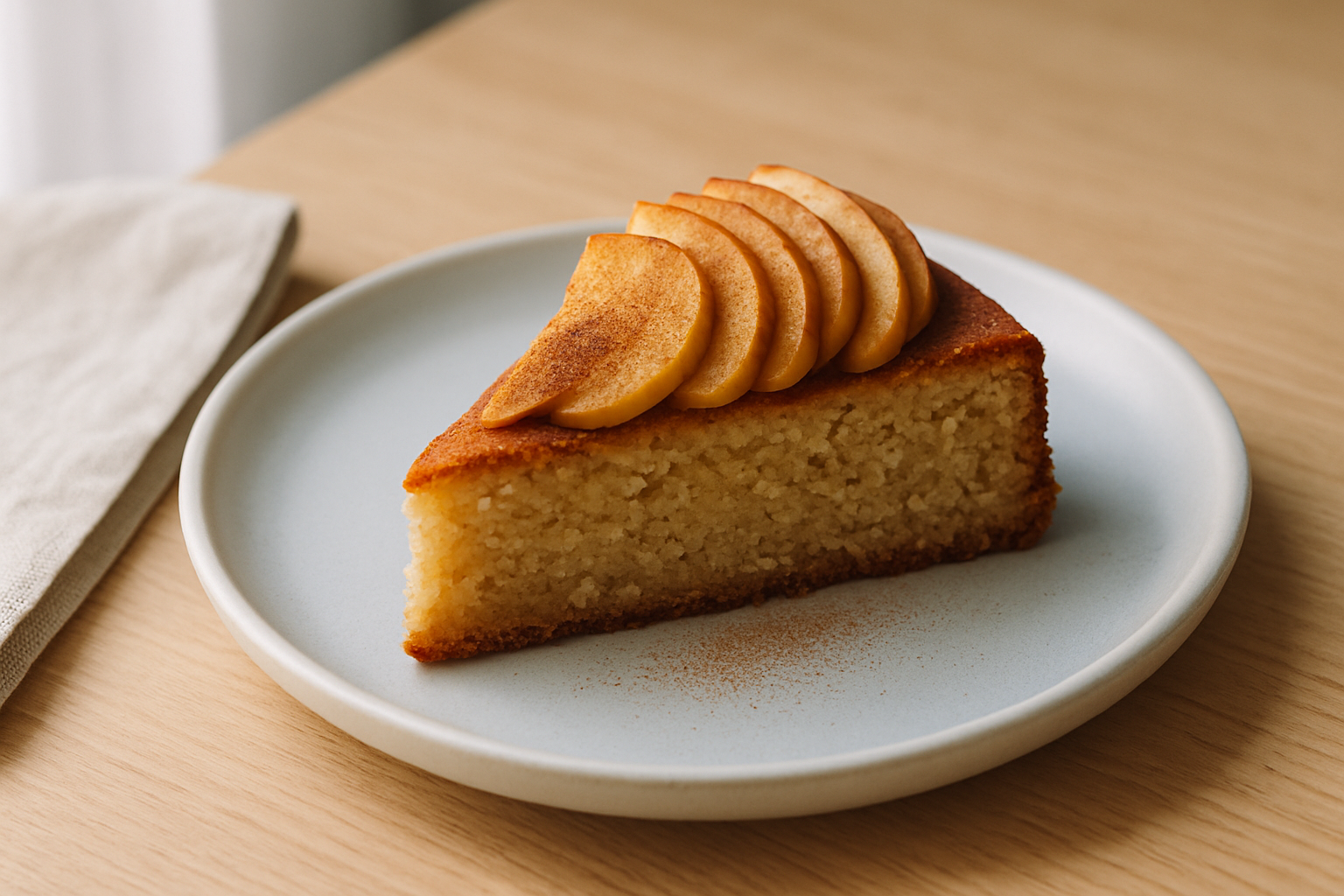 Slice of golden apple cake with a fan of baked apple slices on a pale blue plate