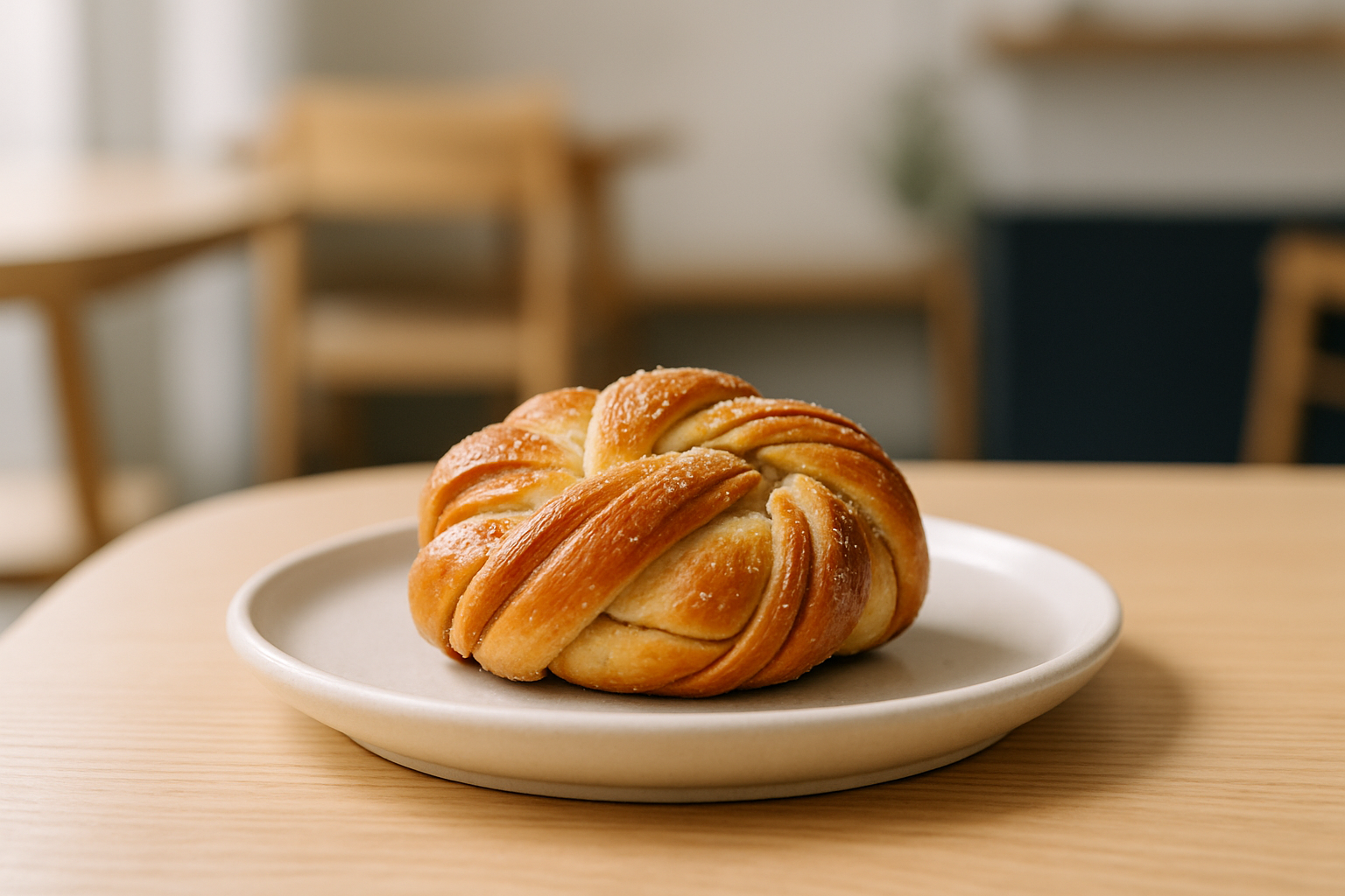 Golden twisted cardamom bun on a cream ceramic plate