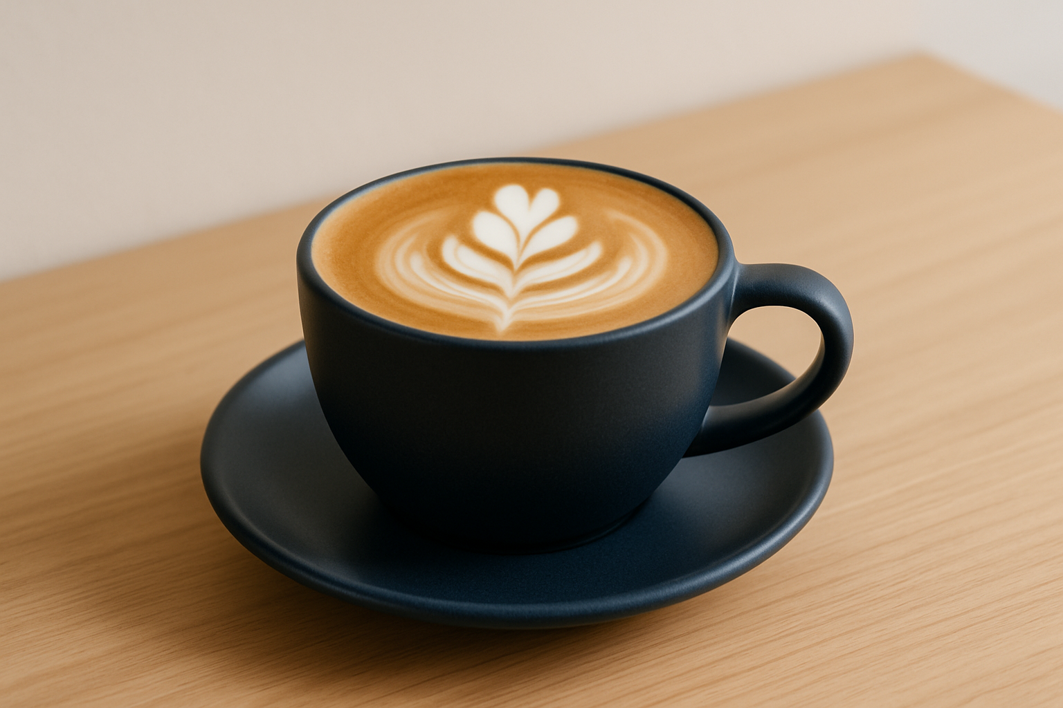 Maple oat latte with leaf-shaped foam art in a navy ceramic cup