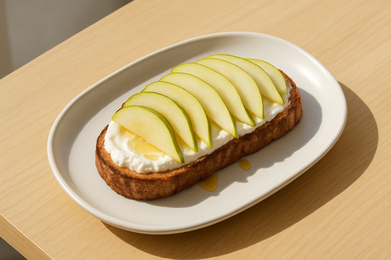 Sourdough toast topped with white ricotta, sliced green pear, and honey