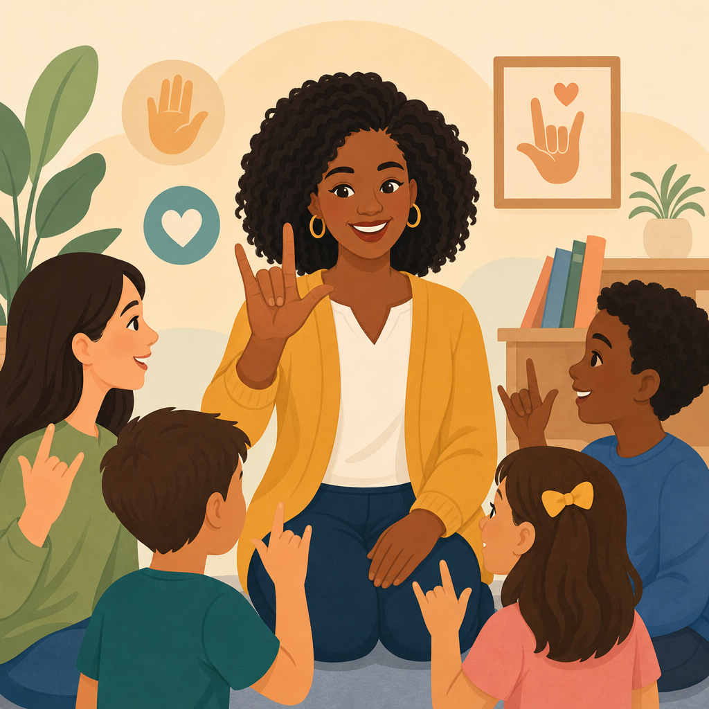 Flat educational illustration of a smiling adult and child practicing ASL hand signs with simple learning icons and welcoming family-support symbols