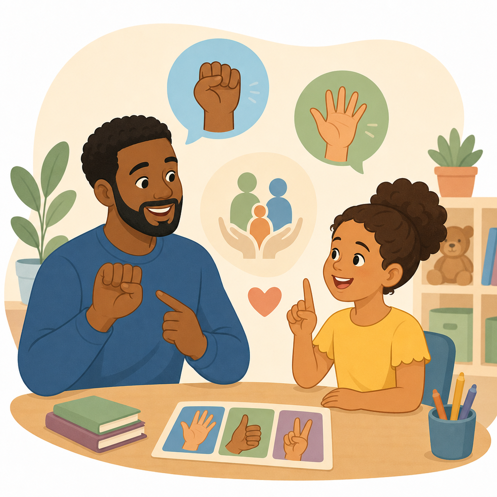 Flat family-friendly illustration showing expressive hands, a speech bubble conversation, and learning symbols like a book and spark accents
