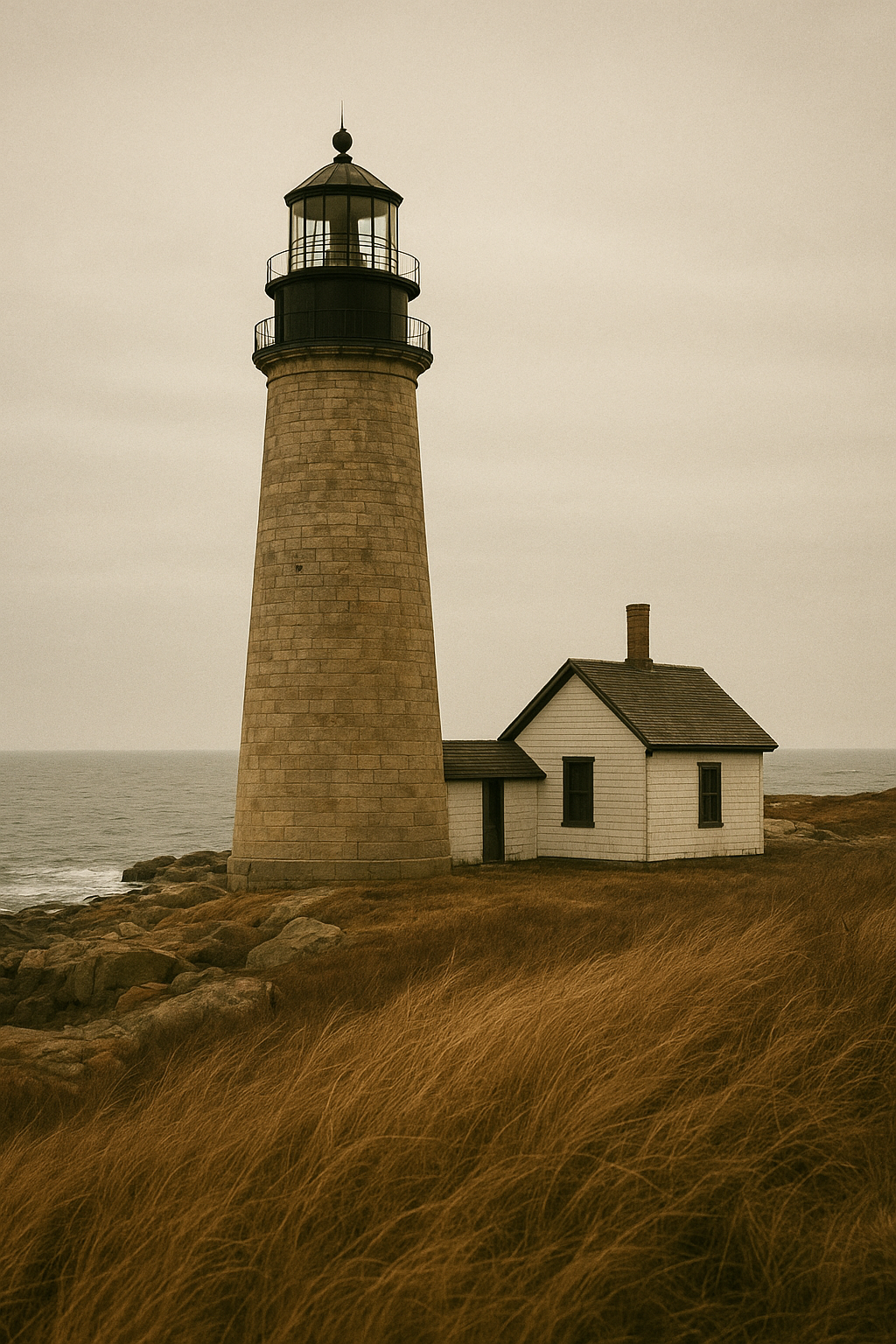 Historic lighthouse and keeper station on a rugged northern shoreline under overcast light