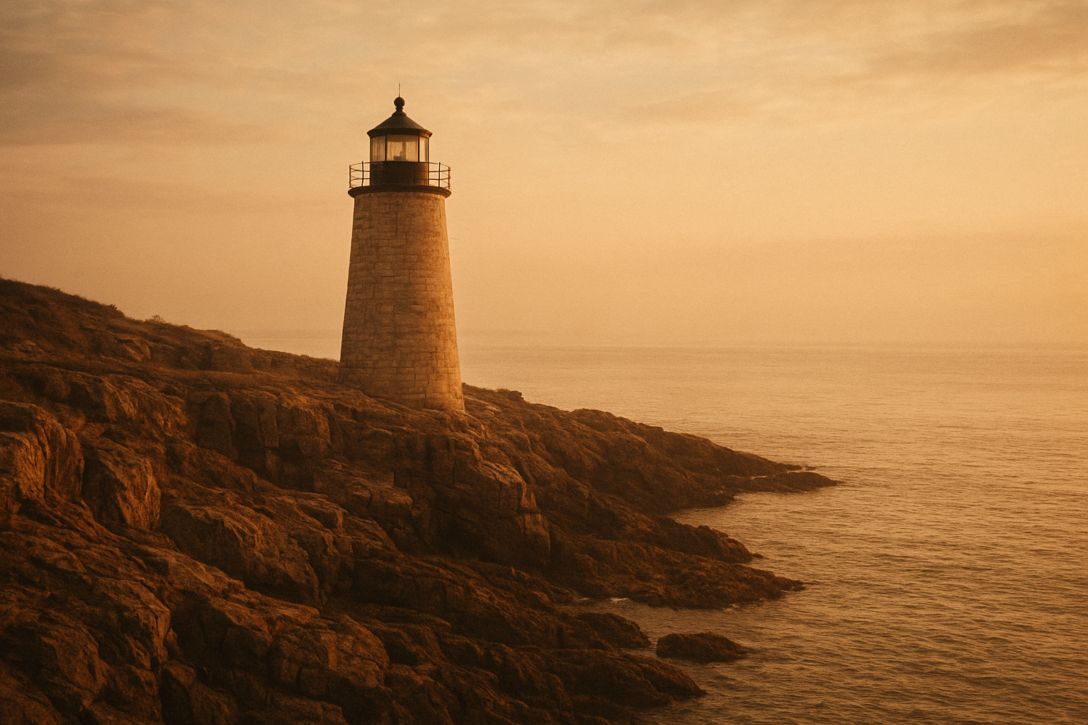 Warm-toned archival photograph of a northern coast lighthouse on rugged cliffs at golden hour with gentle sea haze