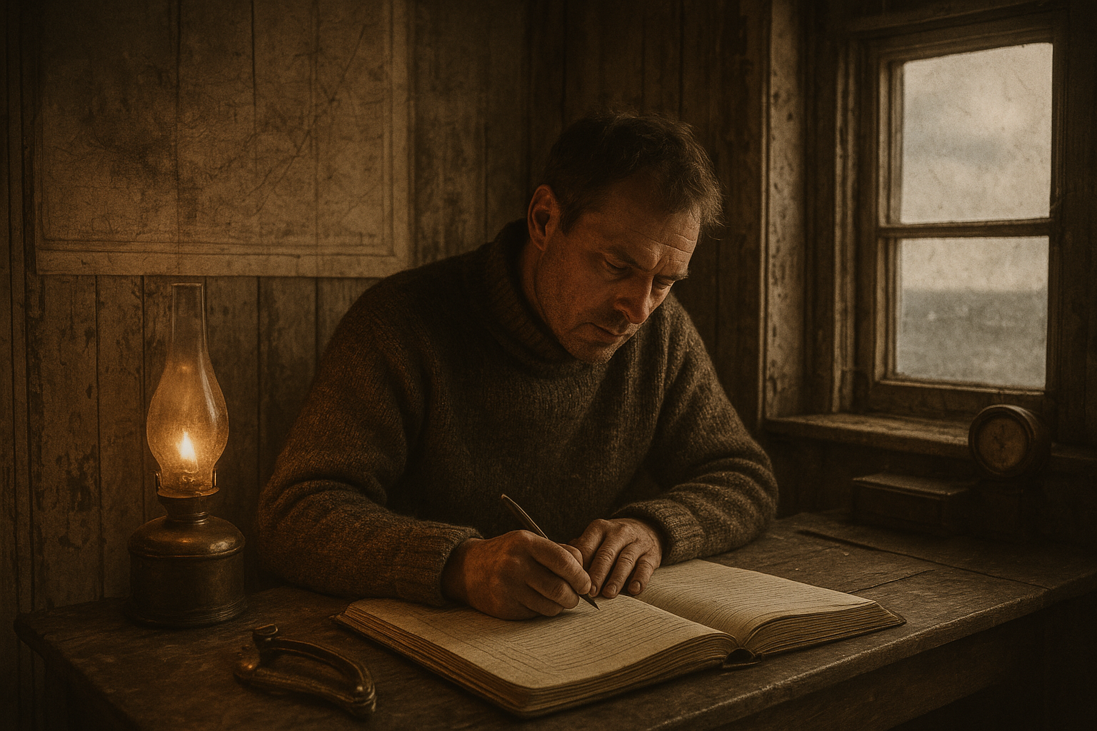 Weathered documentary photograph of a lighthouse keeper writing in a station log beside an oil lamp, with salt-stained walls and folded sea charts in frame