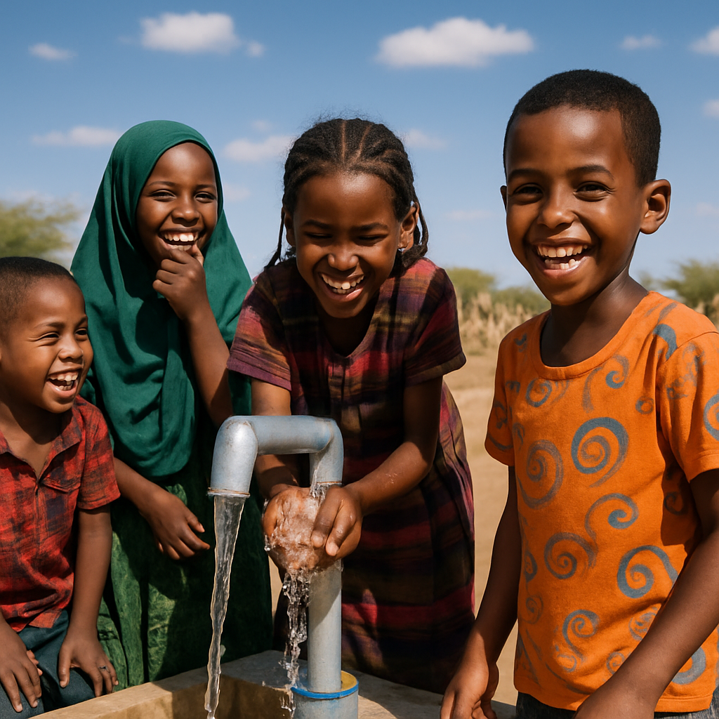 Children in Somali Region smiling and playing near a water project