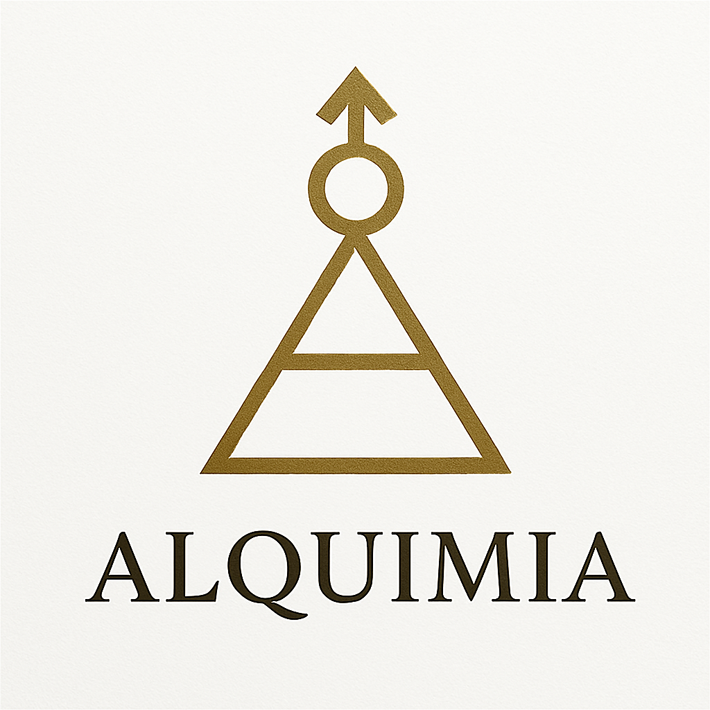 Logo Alquimia, símbolo alquímico minimalista en oro y negro