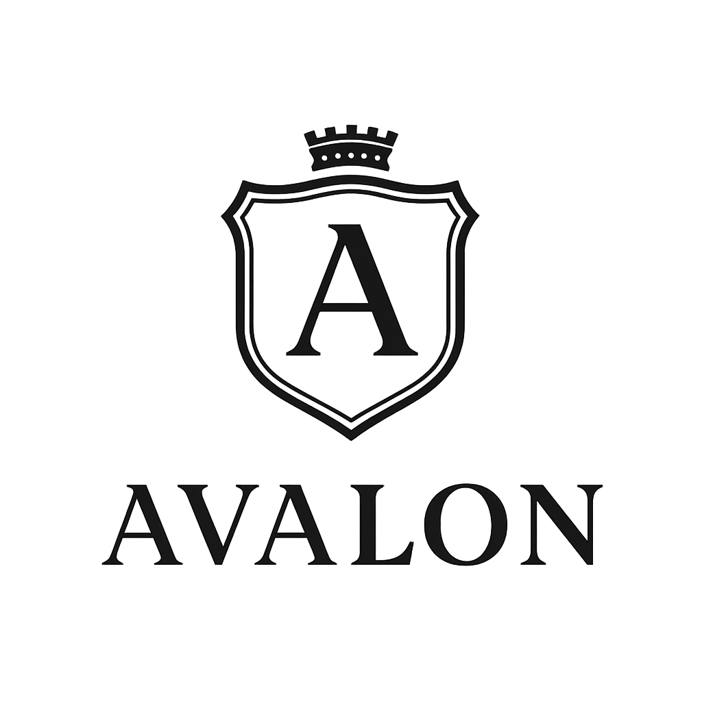 Logo Avalon, escudo elegante y tipografía clásica