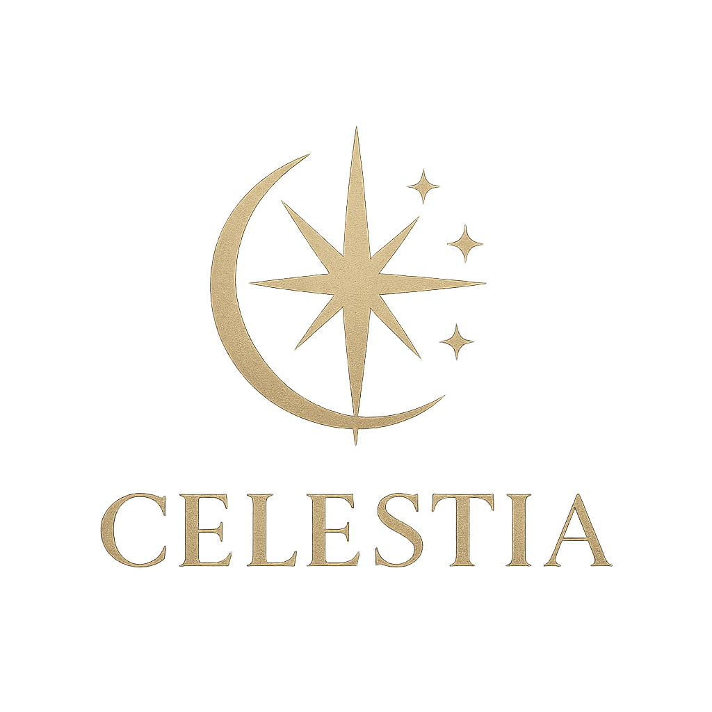 Logo Celestia, símbolo celestial dorado y fondo oscuro