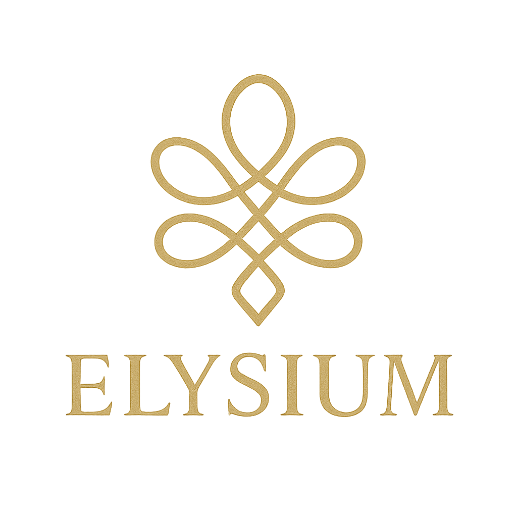 Logo Elysium, tipografía dorada y símbolo abstracto elegante