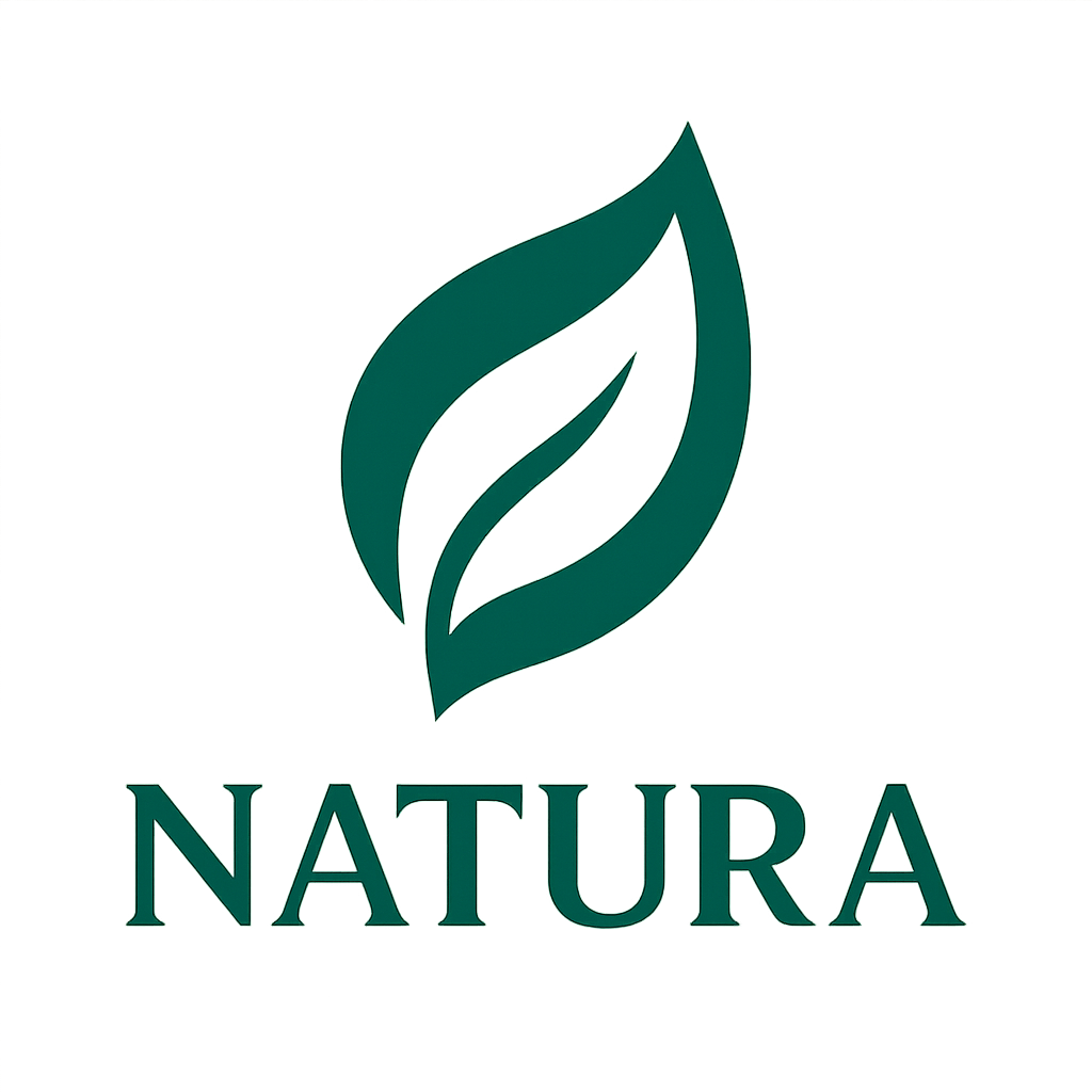 Logo Natura, hoja abstracta en verde esmeralda y blanco