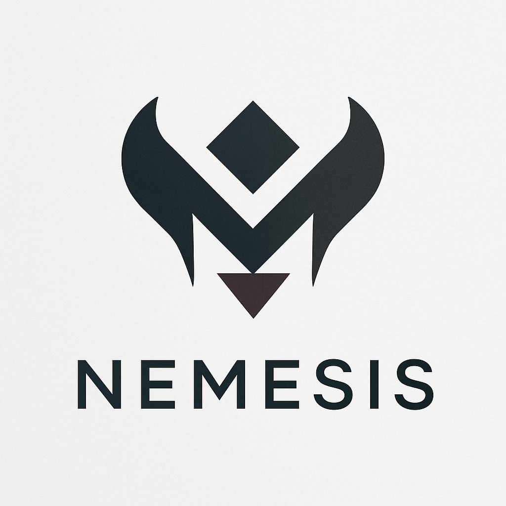 Logo Nemesis, símbolo abstracto y colores oscuros sofisticados