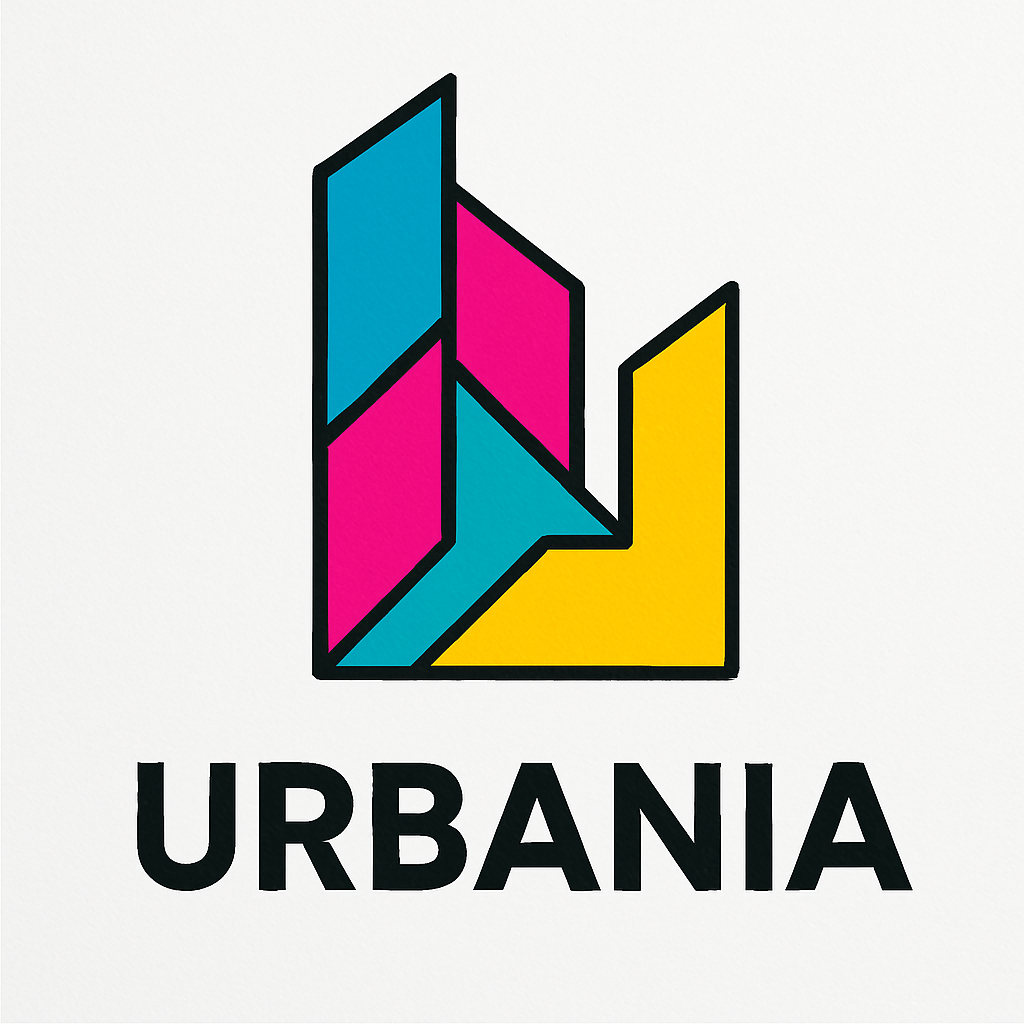 Logo Urbania, diseño geométrico, colores vivos y estilo urbano