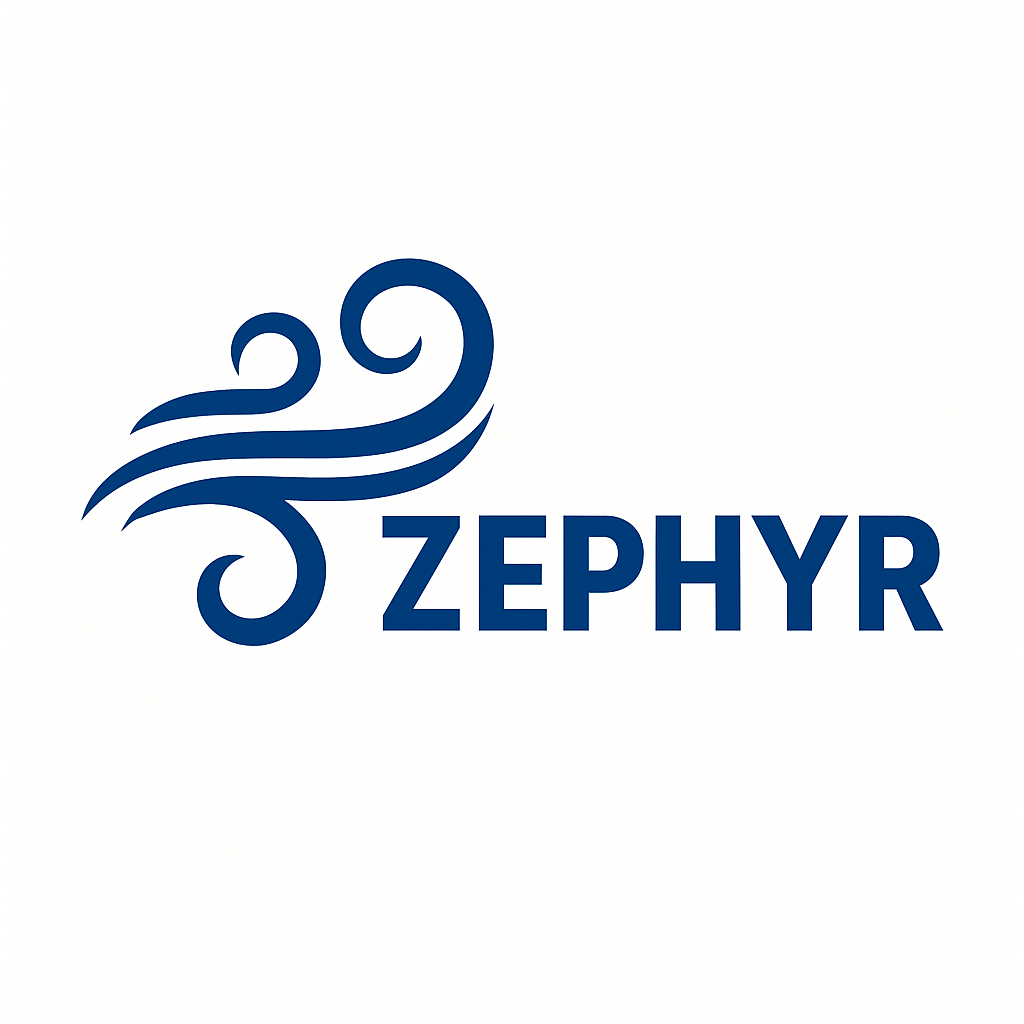 Logo Zephyr, símbolo de viento estilizado en azul y blanco