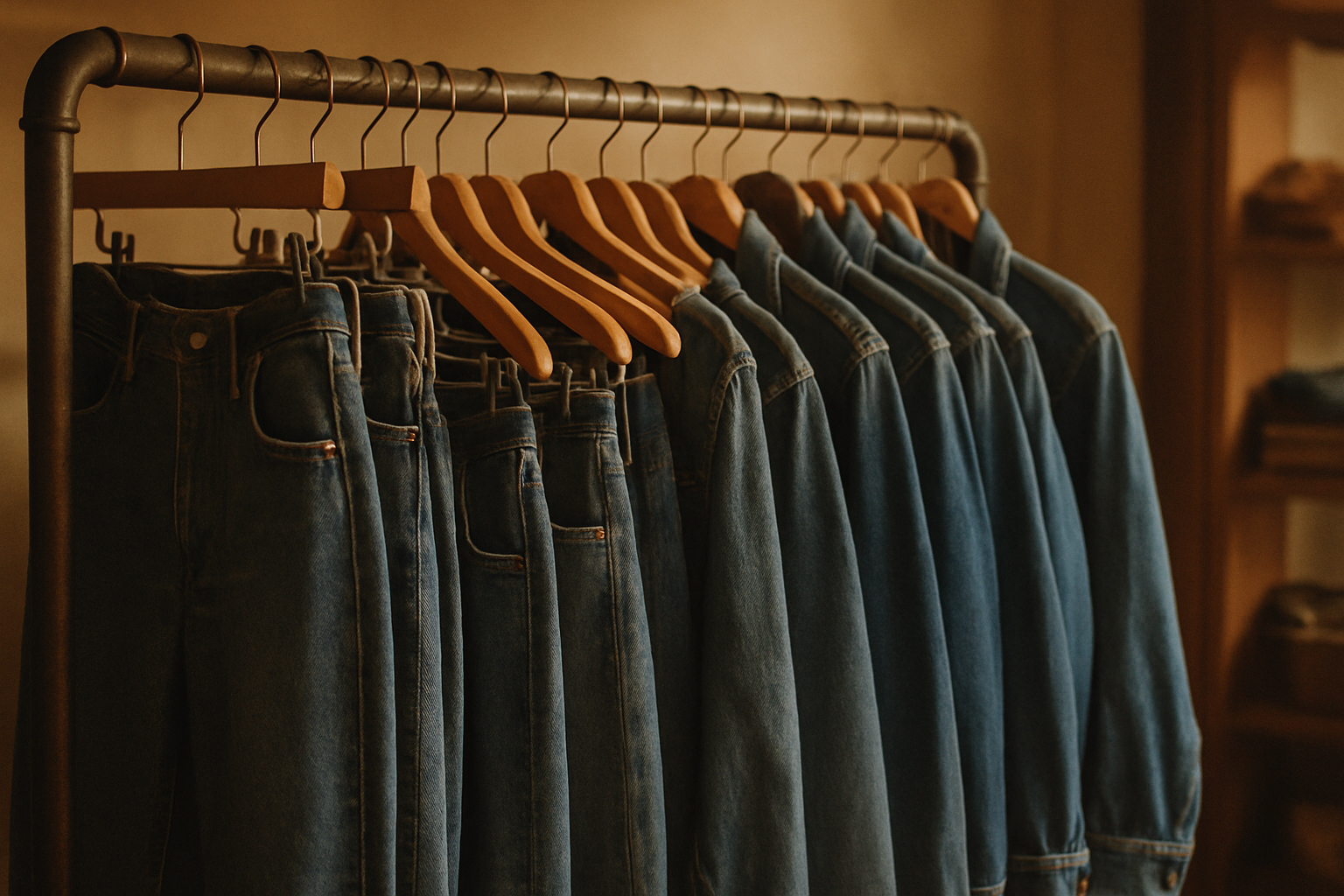 Warm film-style photo of a vintage denim rack with indigo jeans, worn seams, and wooden hangers