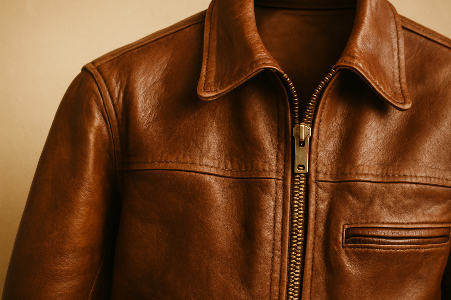 Close-up of a vintage brown leather jacket with brass zipper and soft creases, warm studio light
