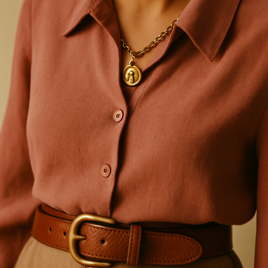 Close-up of a retro outfit detail with a dusty rose blouse, faded gold accessories, and textured leather belt