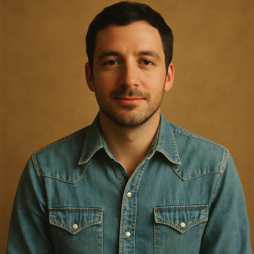 Portrait of a man with short black hair wearing a faded denim shirt