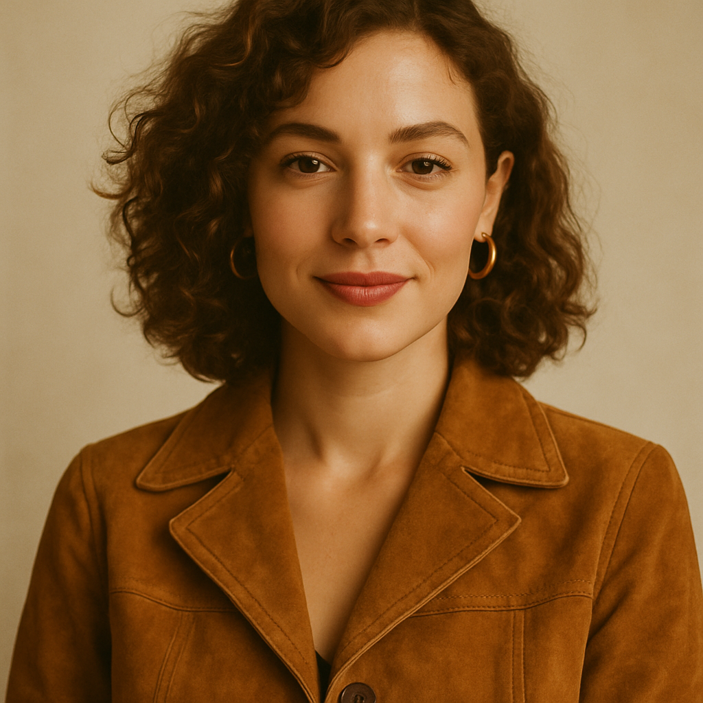 Portrait of a stylish woman with honey-brown curls wearing a caramel suede jacket
