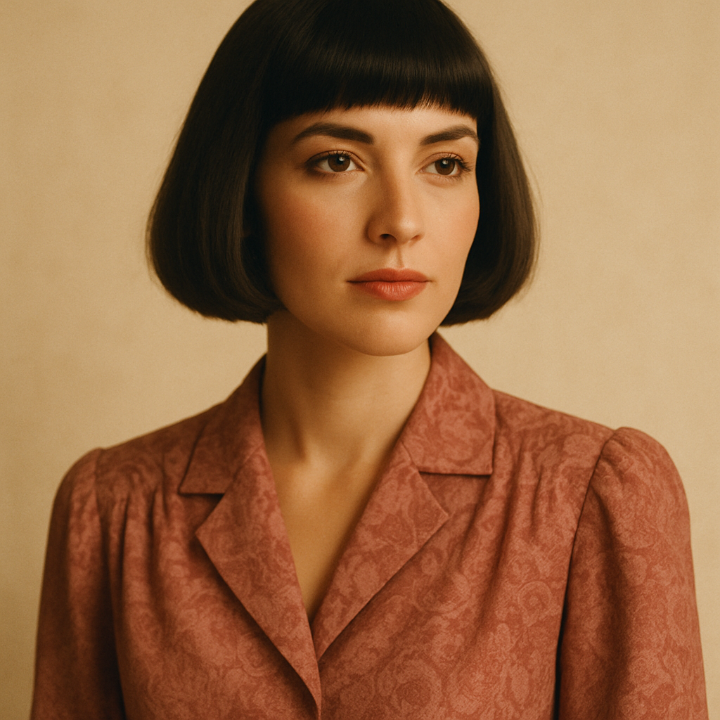 Portrait of a woman with a sleek bob wearing a dusty-rose patterned blouse