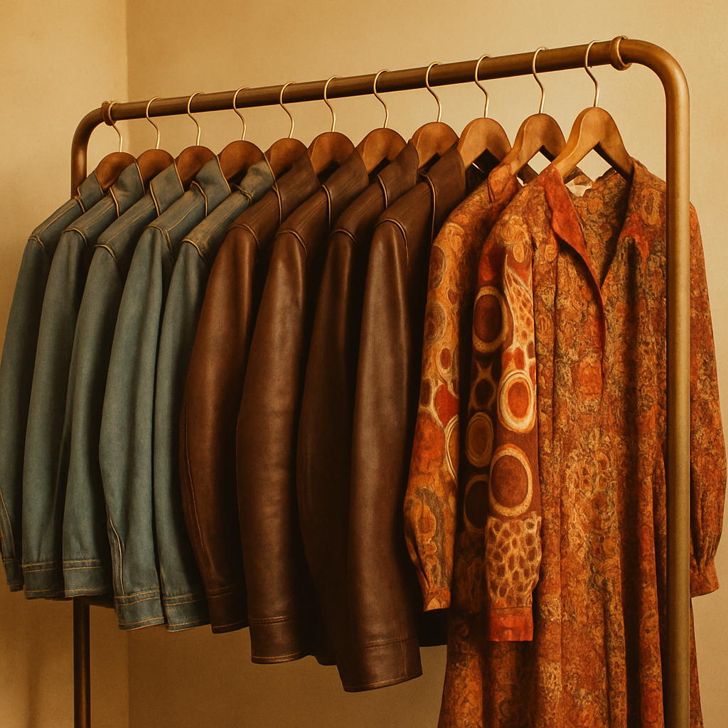 Warm film-style photo of a curated vintage clothing rack with denim jackets, leather coats, and patterned dresses in a boutique